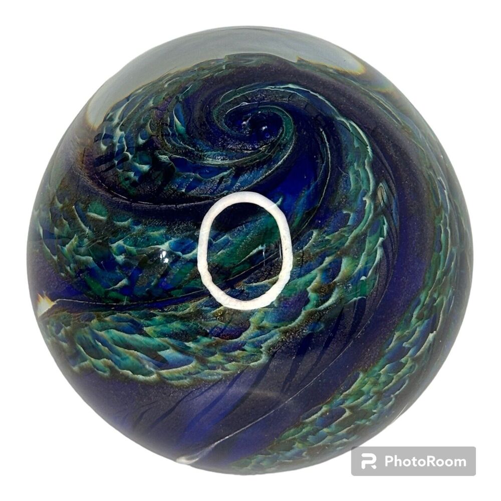 Ron Mynatt Art Glass Paperweight Iridescent Cobalt Blue Swirl Ocean Peacock 3"